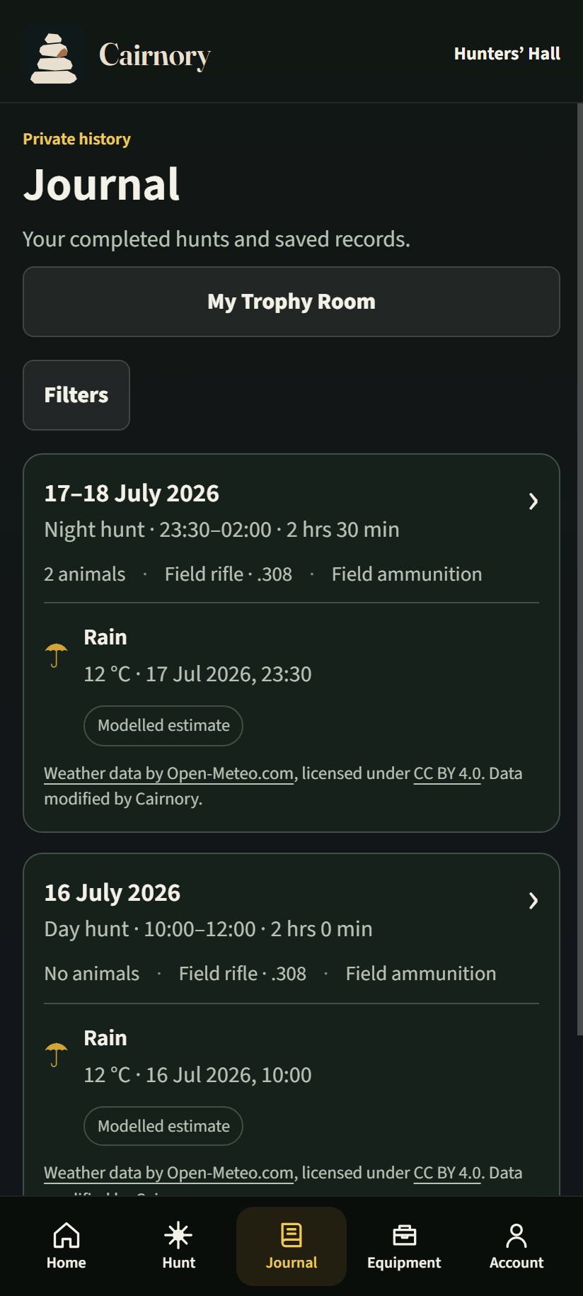 Cairnory private journal with completed hunts and modelled weather, using example data.