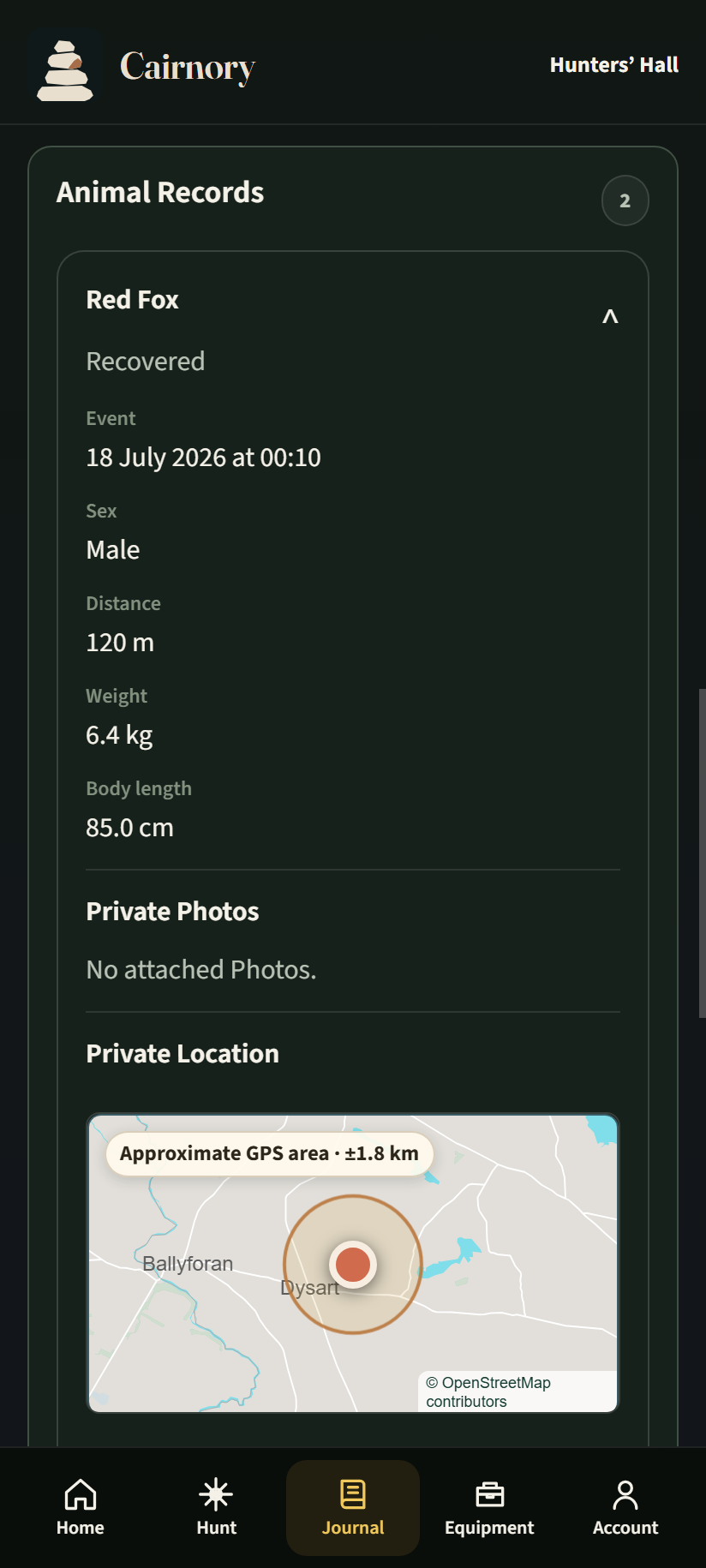 Example animal record with measurements and an optional private map displaying GPS uncertainty.